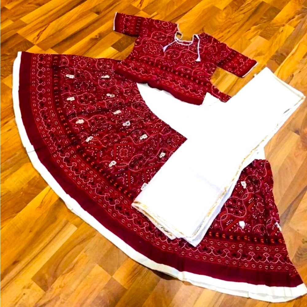 Maroon and off white three piece lengha dress sari choli indian Pakistani Diwali